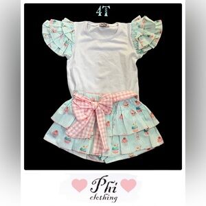 PHI CLOTHING 4t BLUE COTTON CUPCAKES SKORTS and top